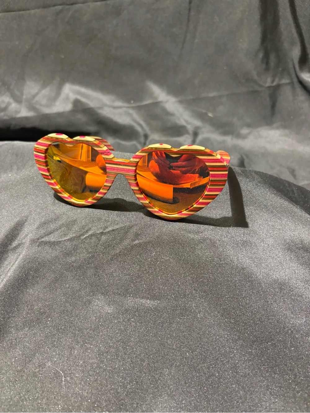 Striped Heart-Shaped Sunglasses with Orange Mirrored Lenses